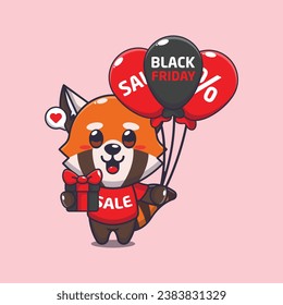 cute red panda with gifts and balloons in black friday sale cartoon vector illustration