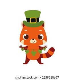 Cute red panda in green leprechaun hat with clover. Irish holiday folklore theme. Cartoon design for cards, decor, shirt, invitation. Vector stock illustration.