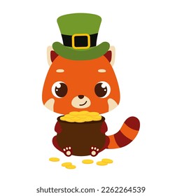 Cute red panda in green leprechaun hat holds bowler with gold coins. Irish holiday folklore theme. Cartoon design for cards, decor, shirt, invitation. Vector stock illustration.