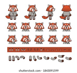 Cute red panda in grey suit creation kit. Create your own animation, action, pose. Vector illustration bundle