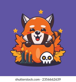 Cute red panda in halloween pumpkin. Cute halloween cartoon illustration. 