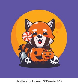 Cute red panda with halloween pumpkin costume. Cute halloween cartoon illustration.