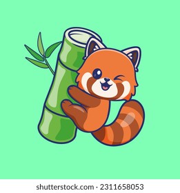 Cute Red Panda Hanging On Bamboo Cartoon Vector Icon Illustration. Animal Food Icon Concept Isolated Premium Vector. Flat Cartoon Style