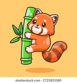 Panda rojo lindo que cuelga en la ilustración del icono del Vector de la historieta de bambú. Icono de Naturaleza Animal Concepto Aislado Premium Vector. Estilo plano de la historieta