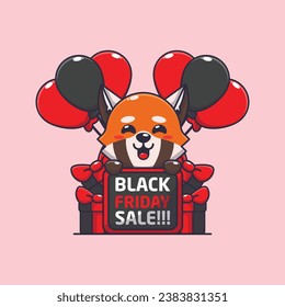 cute red panda happy in black friday sale cartoon vector illustration