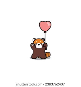 Cute red panda with heart balloon waving paw cartoon, vector illustration, I drew it by myself, It's not AI-generated content.