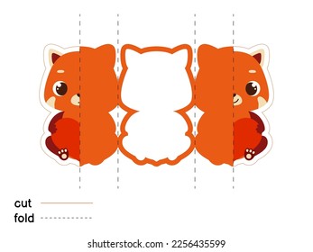 Cute red panda hold heart. Fold long greeting card template. Great for St. Valentine day, birthdays, baby showers. Printable color scheme. Print, cut out, fold. Vector stock illustration.