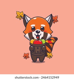 Cute red panda holding a apple in wood bucket. Mascot cartoon vector illustration suitable for poster, brochure, web, mascot, sticker, logo and icon.