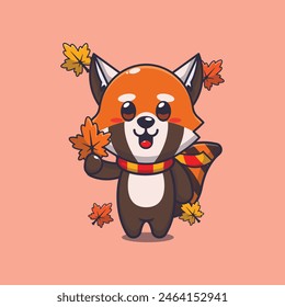 Cute red panda holding autumn leaf. Mascot cartoon vector illustration suitable for poster, brochure, web, mascot, sticker, logo and icon.