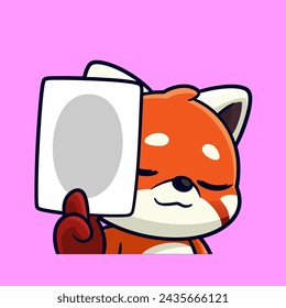 cute red panda holding back flip card emotes cartoon sticker vector illustration