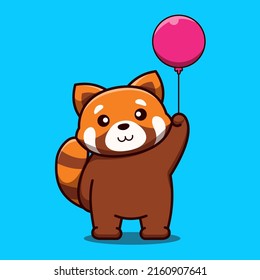 Cute Red Panda Holding Baloon Cartoon Icon Illustration