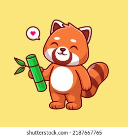 Cute Red Panda Holding Bamboo Cartoon Vector Icon Illustration. Animal Nature Icon Concept Isolated Premium Vector. Flat Cartoon Style