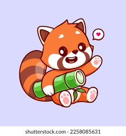 Cute Red Panda Holding Bamboo Cartoon Vector Icon Illustration. Animal Nature Icon Concept Isolated Premium Vector. Flat Cartoon Style