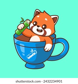 Cute Red Panda Holding Bamboo In Coffee Cartoon Vector Icon Illustration. Animal Drink Icon Concept Isolated Premium Vector. Flat Cartoon Style