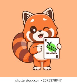 Cute Red Panda Holding Bamboo Card Game Cartoon Vector Icon Illustration. Animal Education Icon Concept Isolated Premium Vector. Flat Cartoon Style