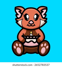 Ilustração de ícone de vetor de vetor de bolos de aniversário de panda vermelha bonito. Animal Food Icon Conceito Isolado Premium Vetor. Estilo de Desenho Animado Plano