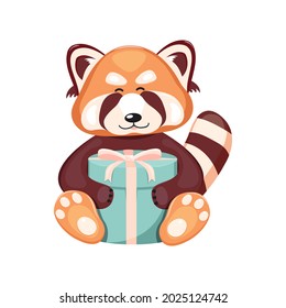 A cute red panda is holding a gift box with a bow in its paws.