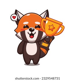 cute red panda holding gold trophy cup cartoon vector illustration.