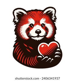 cute red panda holding a heart, valentine's day vector illustration