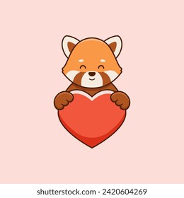 Cute red panda holding heart love in cartoon style. Vector illustration