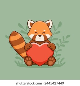 Cute red panda holding heart love in cartoon style. Vector illustration