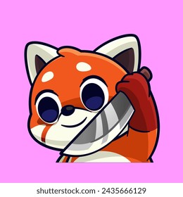 cute red panda holding knife emotes sticker cartoon vetor illustration