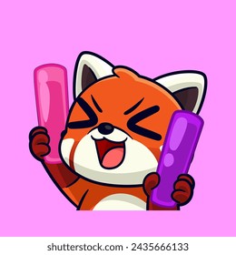 cute red panda holding light stick rave emotes cartoon vector sticker illustration