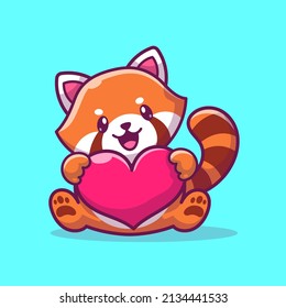 Cute Red Panda Holding Love Heart Cartoon Vector Icon Illustration. Animal Love Icon Concept Isolated Premium Vector. Flat Cartoon Style