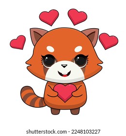 Cute Panda Rojo Con Ilustración Del Icono Del Vector Del Corazón De Amor. Vector Premium Aislado De Concepto De Icono De Amor Animal. Estilo de dibujo plano