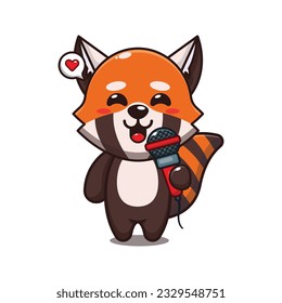 cute red panda holding microphone cartoon vector illustration.