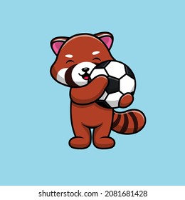 Cute Red Panda Holding Soccer Ball Cartoon Vector Icon Illustration. Animal Sport Icon Concept Isolated Premium Vector. Flat Cartoon Style