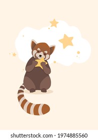 A cute red panda is holding a star. Illustration of an animal for a nursery, a character for children.