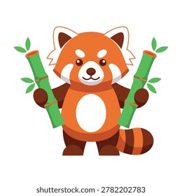 A cute red panda holding two bamboo sticks with green leaves on a white background