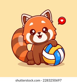 Cute Red Panda Holding Volley Ball Cartoon Vector Icon Illustration. Animal Sport Icon Concept Isolated Premium Vector. Flat Cartoon Style