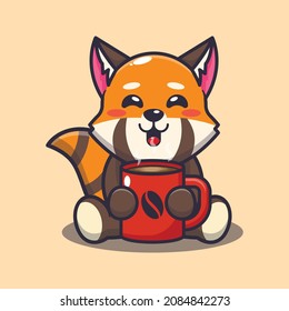 Cute red panda with hot coffee. Cute cartoon animal illustration.