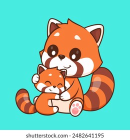 Cute Red Panda Hug Baby Red Panda Cartoon Vector Icon Illustration. Animal Nature Icon Concept Isolated Premium Vector. Flat Cartoon Style