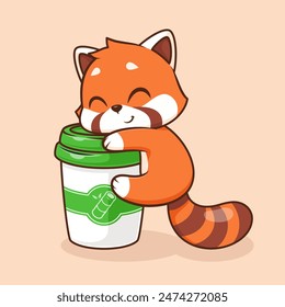 Cute Red Panda Hug Coffee Cup Cartoon Vector Icon Illustration. Animal Drink Icon Concept Isolated Premium Vector. Flat Cartoon Style