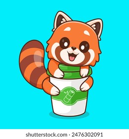 Cute Red Panda Hug Coffee Cup Cartoon Vector Icon Illustration. Animal Drink Icon Concept Isolated Premium Vector. Flat Cartoon Style