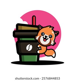 Cute red panda hug coffee cup