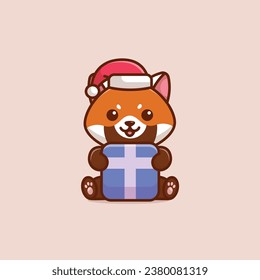 Cute red panda huge christmas gift box simple cartoon vector illustration christmas concept icon isolated