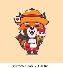 Cute red panda with ice cream on beach cartoon illustration. Cute summer cartoon illustration. 