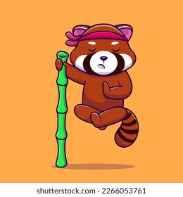 Cute Red Panda Kungfu Meditation Holding Bamboo Cartoon Vector Icons Illustration. Flat Cartoon Concept. Suitable for any creative project.

