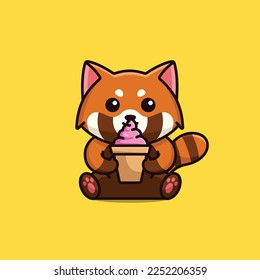 Cute red panda lick ice cream cone cartoon icon illustration free vector
