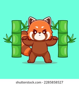 Cute Red Panda Lifting Bamboo Barbell Cartoon Vector Icon Illustration. Animal Sport Icon Concept Isolated Premium Vector. Flat Cartoon Style