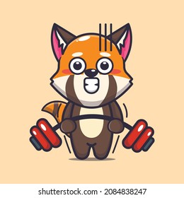 Cute red panda lifting barbell. Cute cartoon animal illustration.