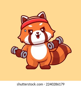 Cute Red Panda Lifting Dumbbell Gym Fitness Cartoon Vector Icon Illustration. Animal Sport Icon Concept Isolated Premium Vector. Flat Cartoon Style