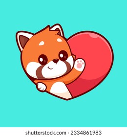 Cute Red Panda Love Heart Sign Cartoon Vector Icon Illustration. Animal Holiday Icon Concept Isolated Premium Vector. Flat Cartoon Style