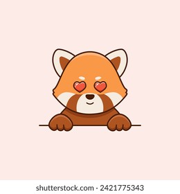 Cute red panda in love with heart eyes in cartoon style. Vector flat illustration