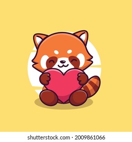 cute red panda with love hug in the middle cartoon illustration vector icon. very happy red panda full of love and peace.with flat cartoon concept