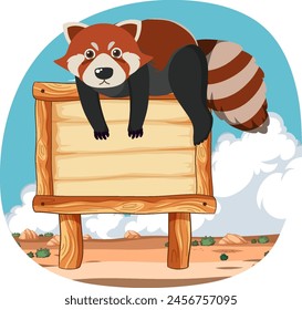 Cute red panda lying on a wooden sign.